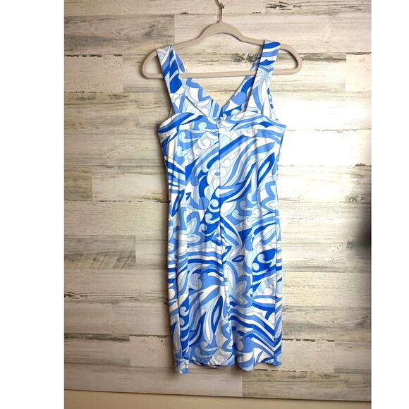 J. McLaughlin Women’s Small Blue White Abstract V-Neck Tank Stretch Mini Dress - Picture 2 of 6